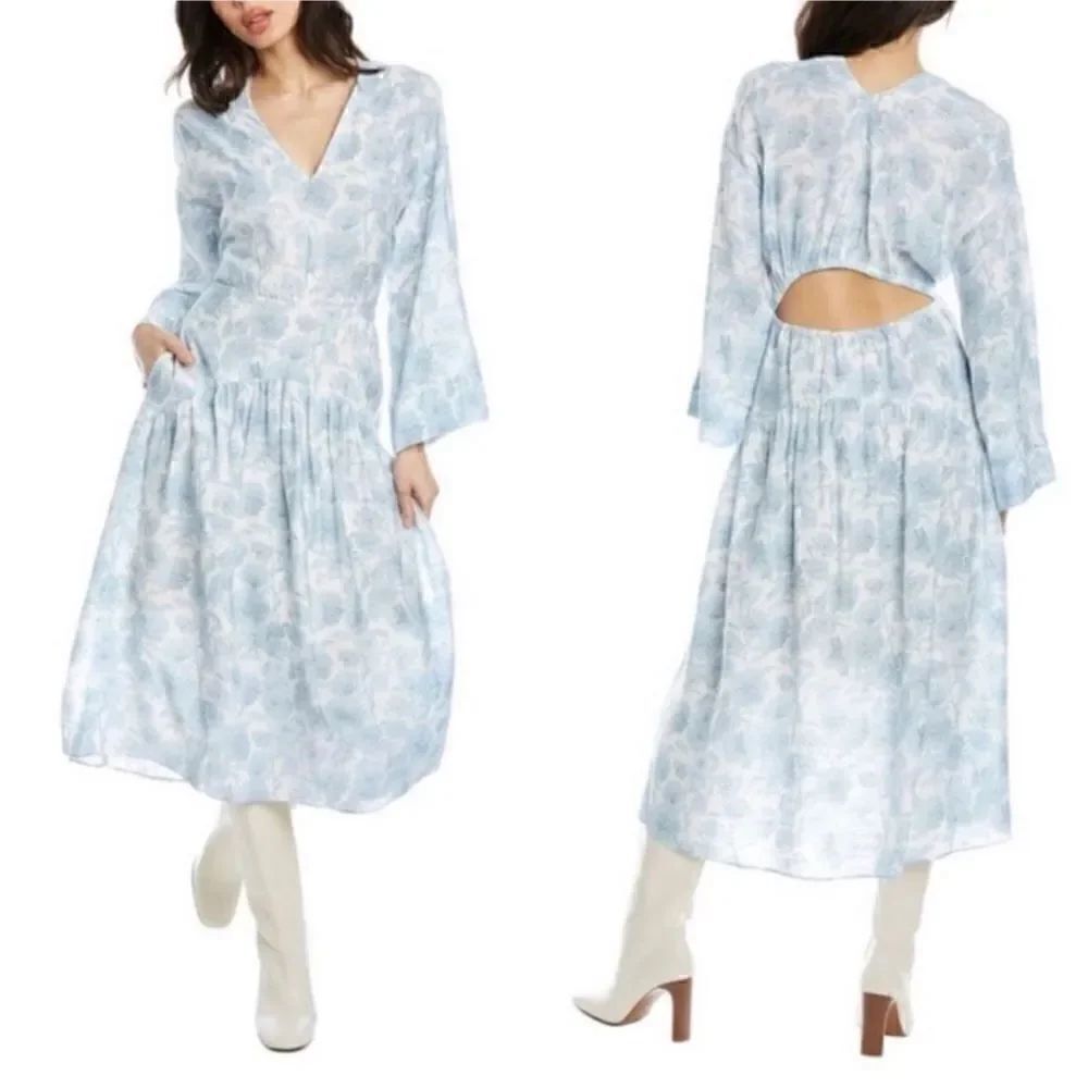 Vince Dahlia Blue White Floral Print Long Sleeve V-Neck Midi Dress M $425